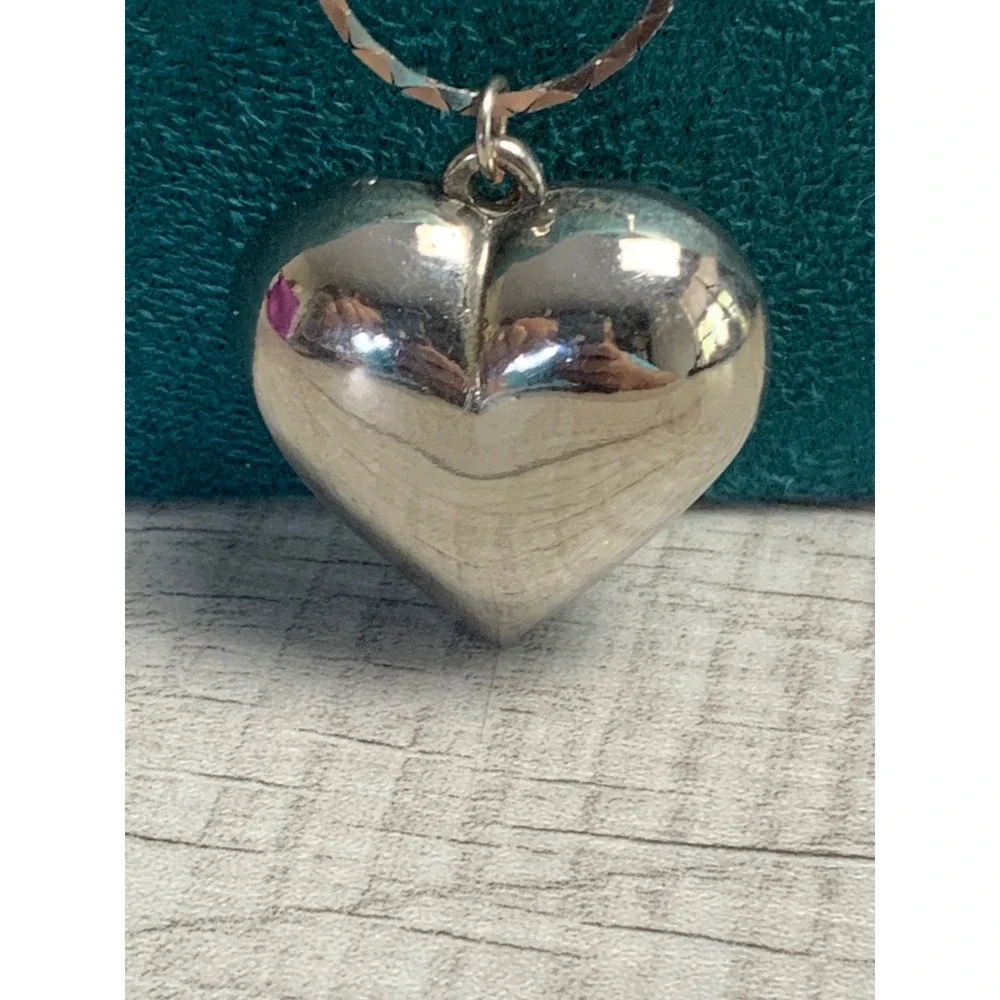 Silver Tone Puffed Heart Pendant Necklace 24 Inch Snake Chain Minimalist Jewelry